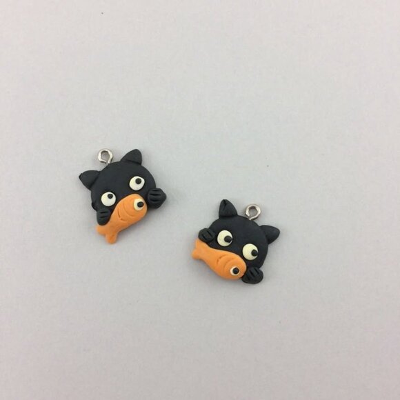 9 Black Kitty Cat Goldfish Polymer Clay Charms Pendants Handmade 3/4" - Picture 6 of 10